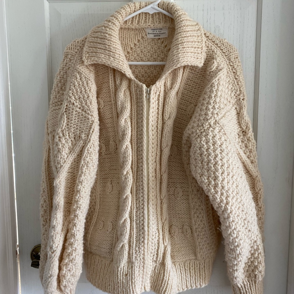 Zip Up Wool Cream Cable Knit Cardigan